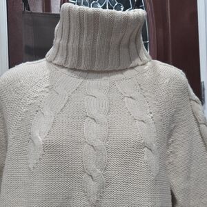 GAP Maternity Cable Knit Tunic Turtleneck Sweater, Ivory, XL